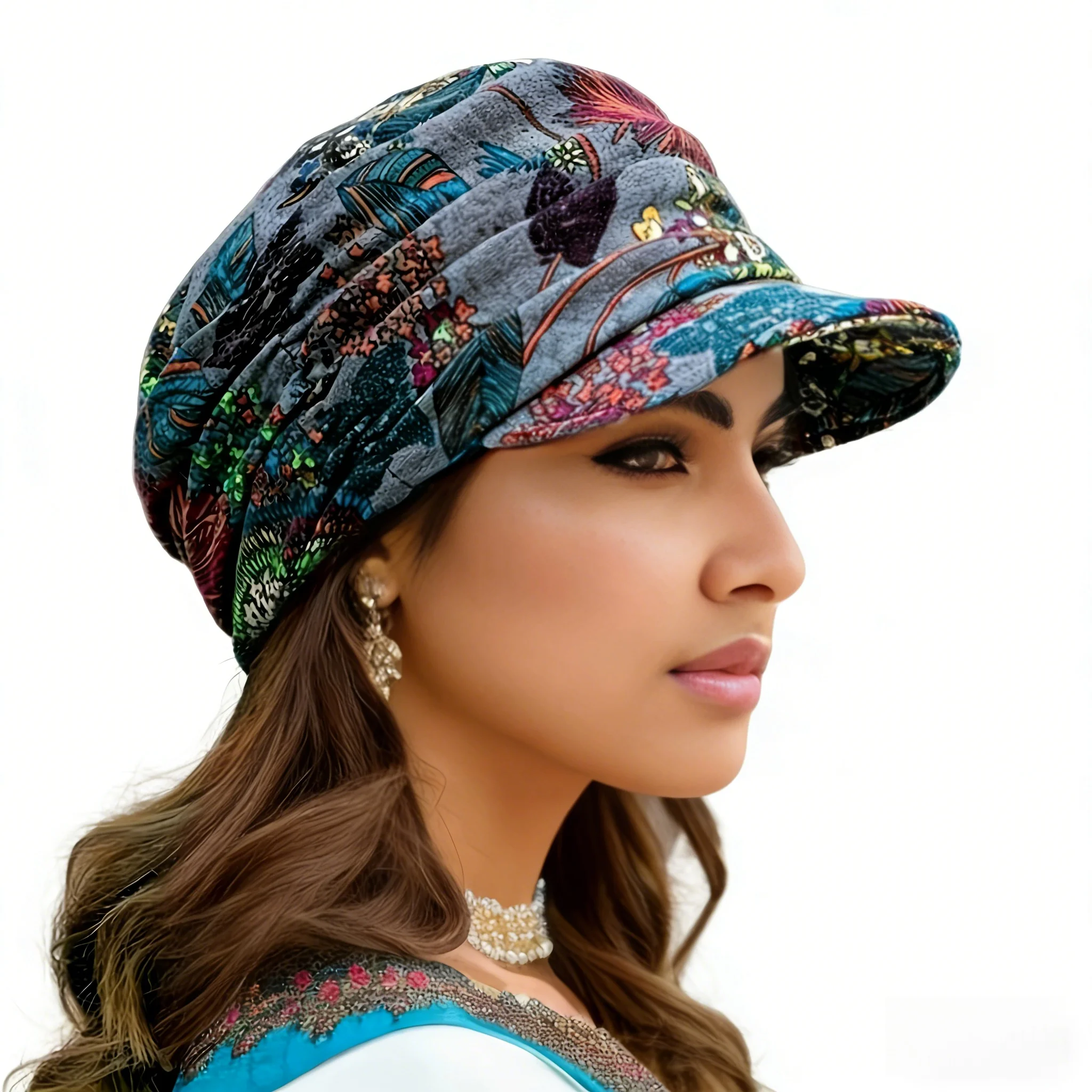 

Шляпа с богемным принтом и скрученным краем для женщин ​ Многоцветная вышивка, легкий и дышащий материал.