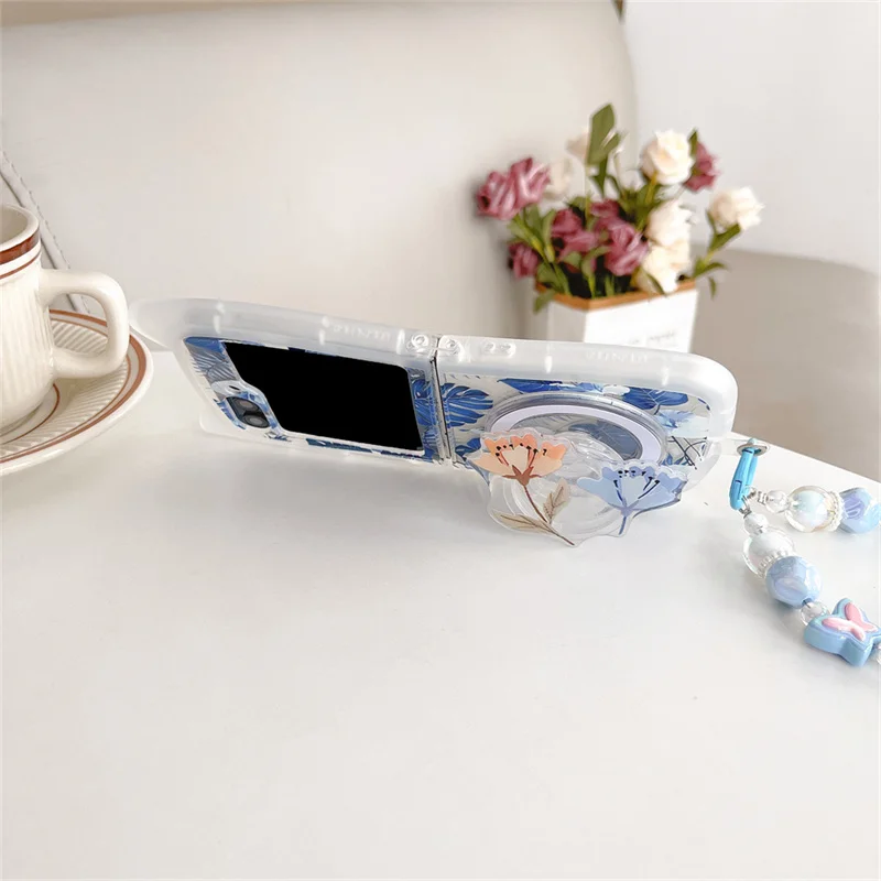 Funda de teléfono magnética con flores para Samsung Galaxy Z Flip6 5 zflip3 4 flip5 5G, soporte de pantalla plegable con cadena de dibujos animados