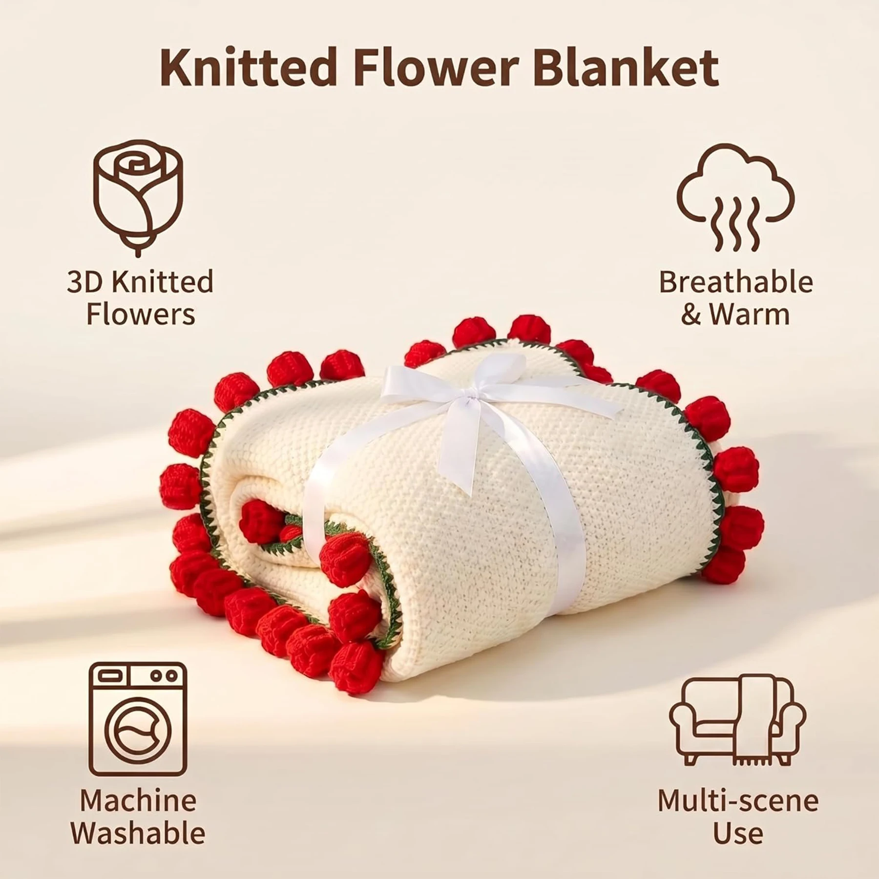 ROSEKIND 1pc Soft Crochet Rose Flower Bouquet Blanket, 63 Inch, 99 Flowers, Handmade Knitted Flower Throw Blanket, Realistic 3D Rose Detailing, Practical Gift For Friend Mom Family, Valentine's Day Anniversary Birthday, Stylish Home Decoration