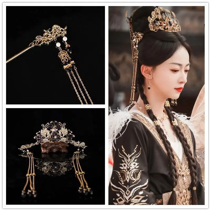 

Womens Gold plated Metal Flower With Beads Tassel Hair Crown Hairpin 3-piece Set Chinese Hanfu Headwear