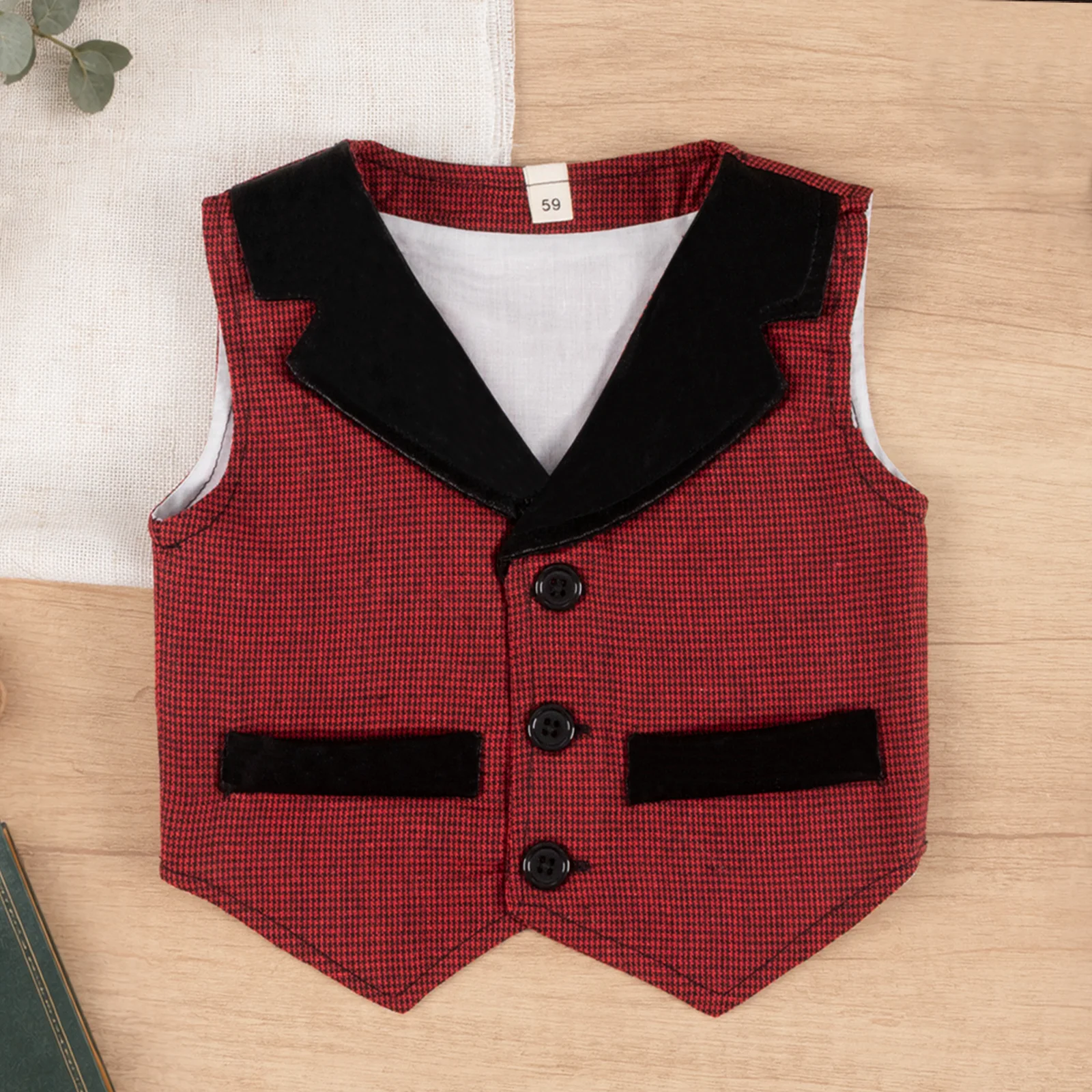 Baby Boy Plaid Vest 3-24M Classic Tuxedo Waistcoat Black Lapel Formal Party Christmas Outfit Toddler Infant School Wear