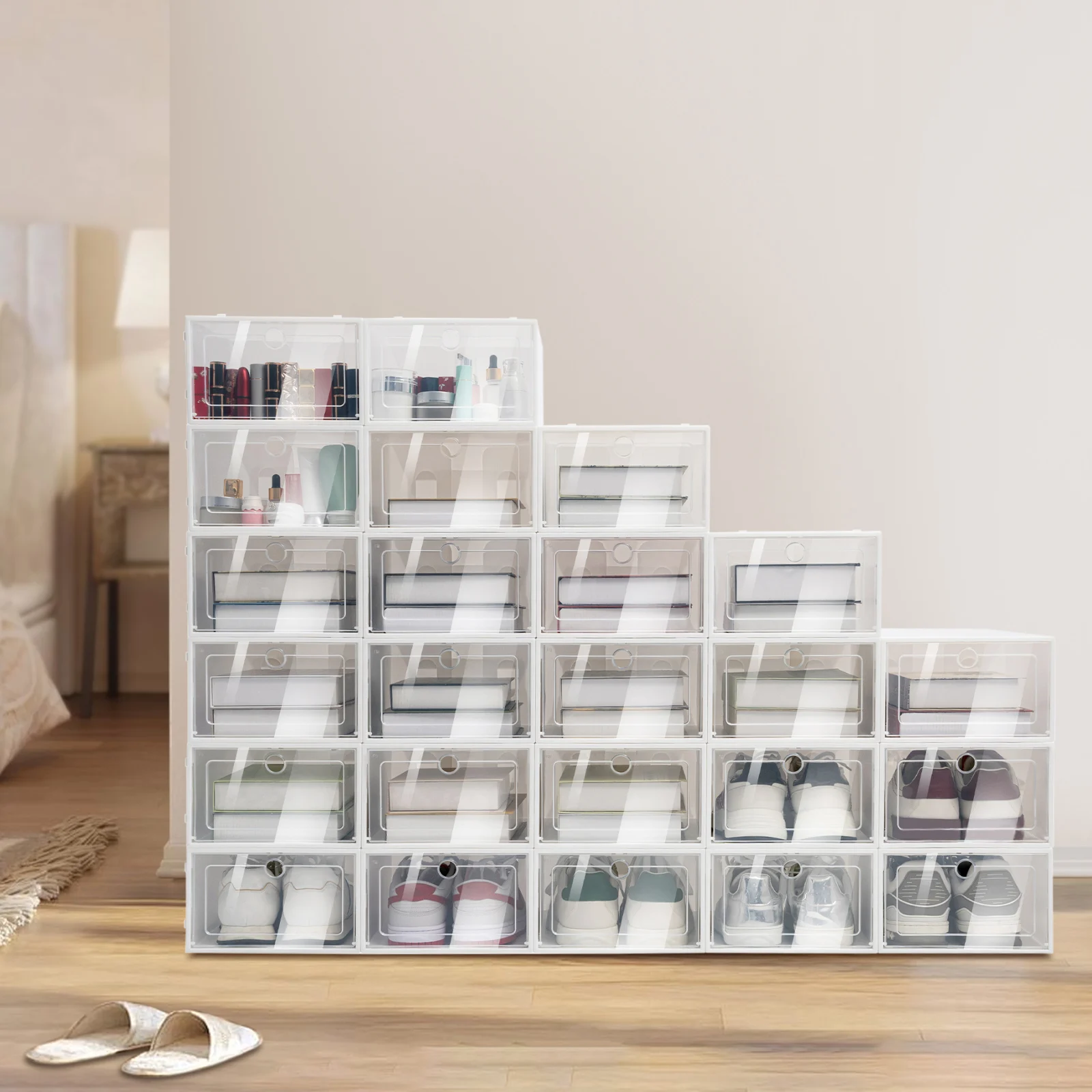 24Pcs PP Shoe Boxes Clear Shoe Boxes Stackable Shoe Storage Boxes with Lids Clear Plastic Stackable Shoe Organizers For Closet