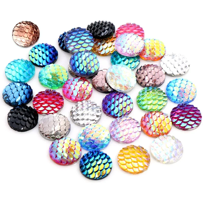 40 sztuk 8mm 10mm 12mm Mix kolory syrenka ryby skala mieszkanie powrót Rhinestone okrągły Cabochon zdobienie Scrapbooking DIY rzemiosło — zdjęcie 2