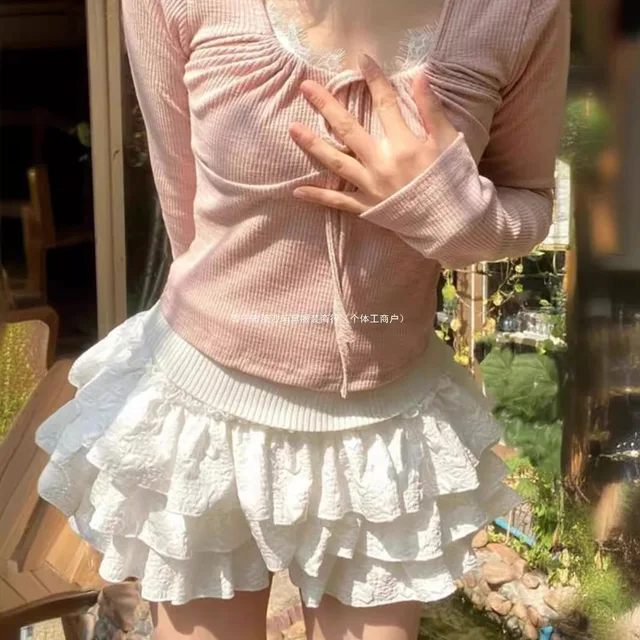 Kobiety Kawaii Lolita Spódnica z szortami 2024 Letnie falbany Warstwowe patchworki Wysoka talia Mini spódniczki Dziewczyna Słodka biała plisowana spódnica