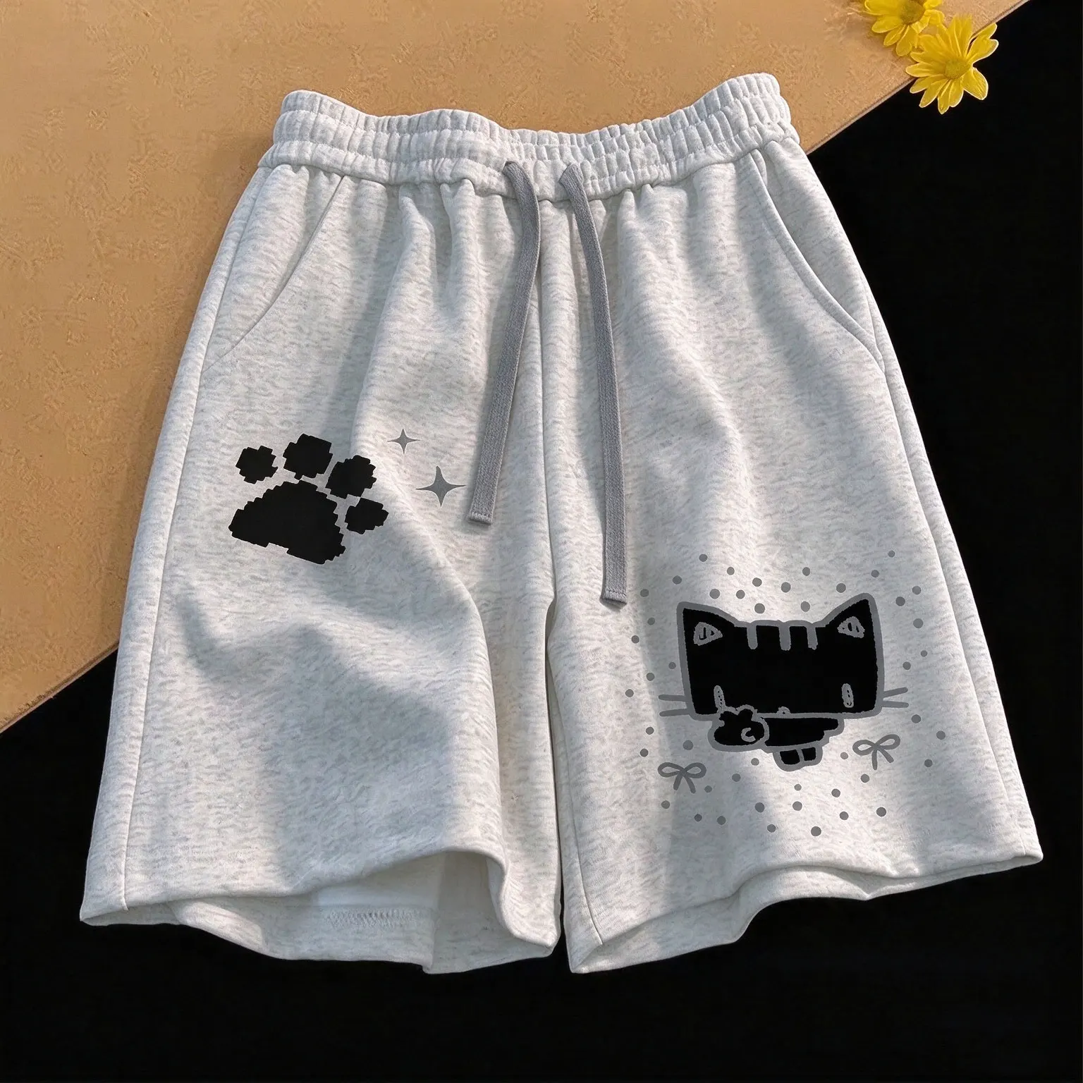 Women Summer Casual Shorts High Waist Black Y2k Kawaii Sweet Cat Print Wide Leg Pants Chic Japanese Pantalones Cortos De Mujer