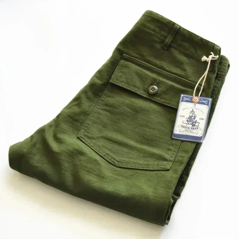 SauceZhan OG107 Fatigue Utility-Hose, Militärhose, VINTAGE, klassischer Olivensatin, Herren-Bäckerhose, Satin-Baumwolle, gerade Passform