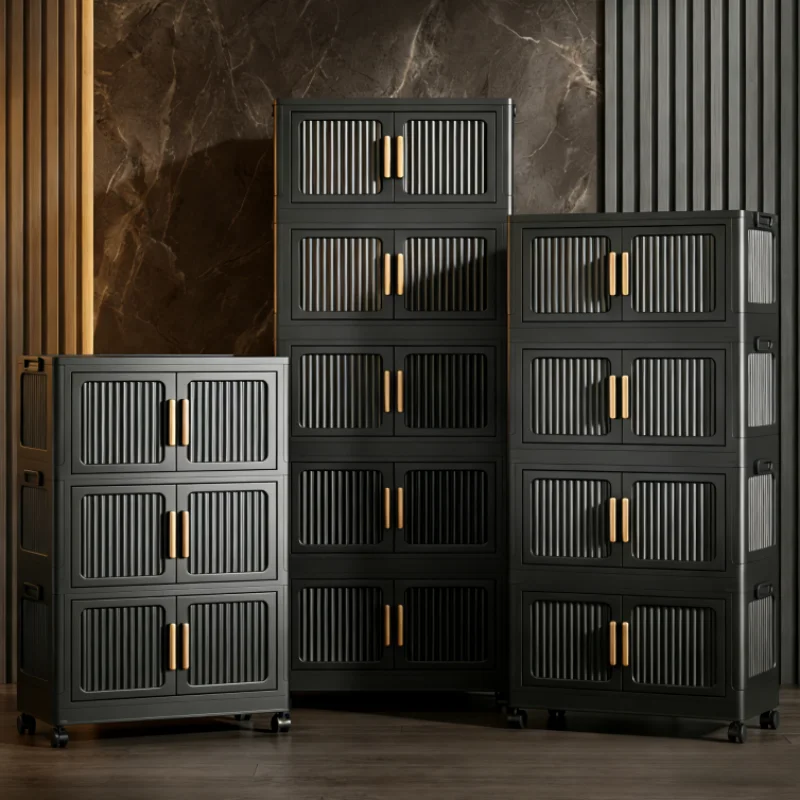 Stackable Black Folding Storage Cabinet with Wheels