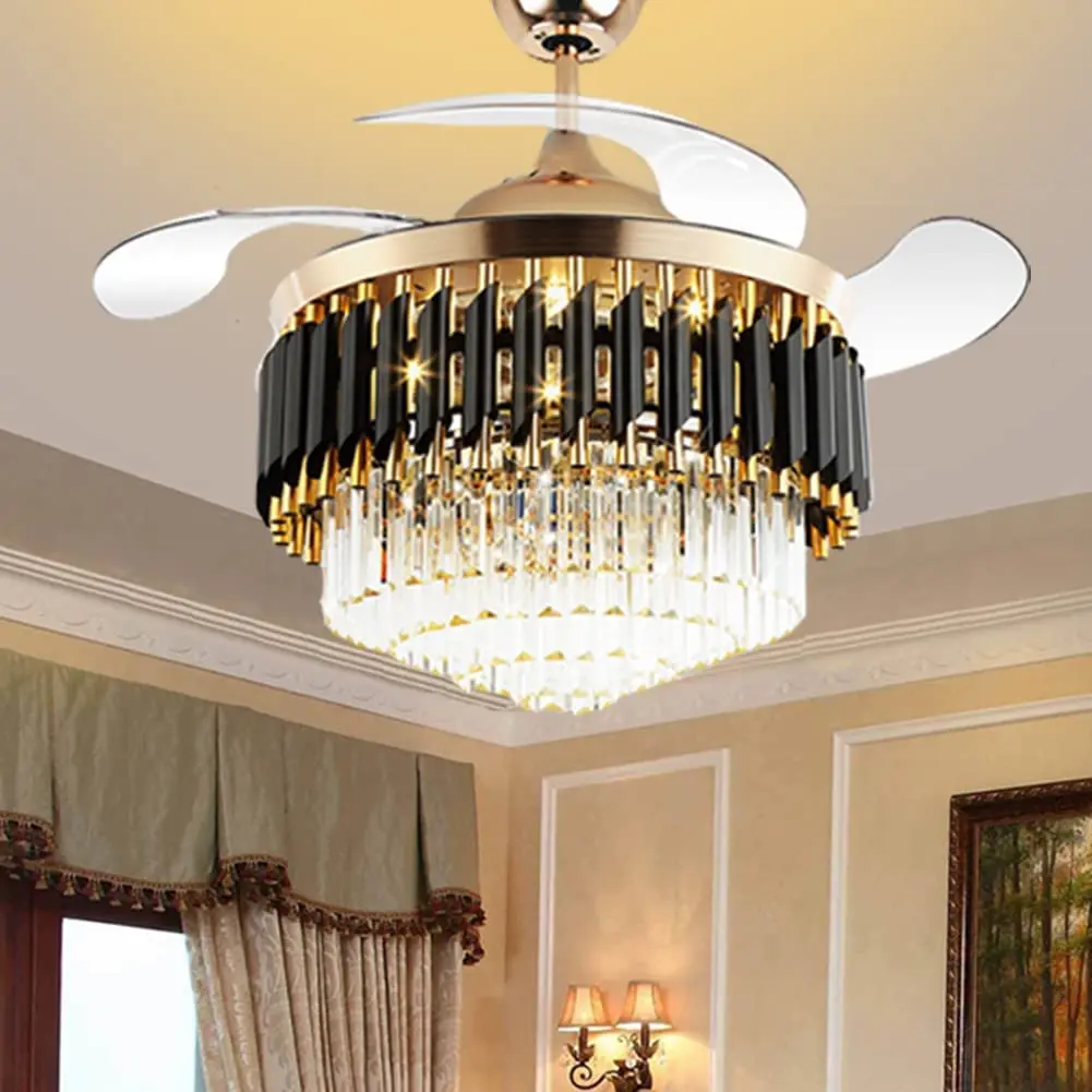 42” Modern luxury Crystal Chandelier Lamp Ceiling Fan light with Invisible Retractable Blades for Living Room Dining Room