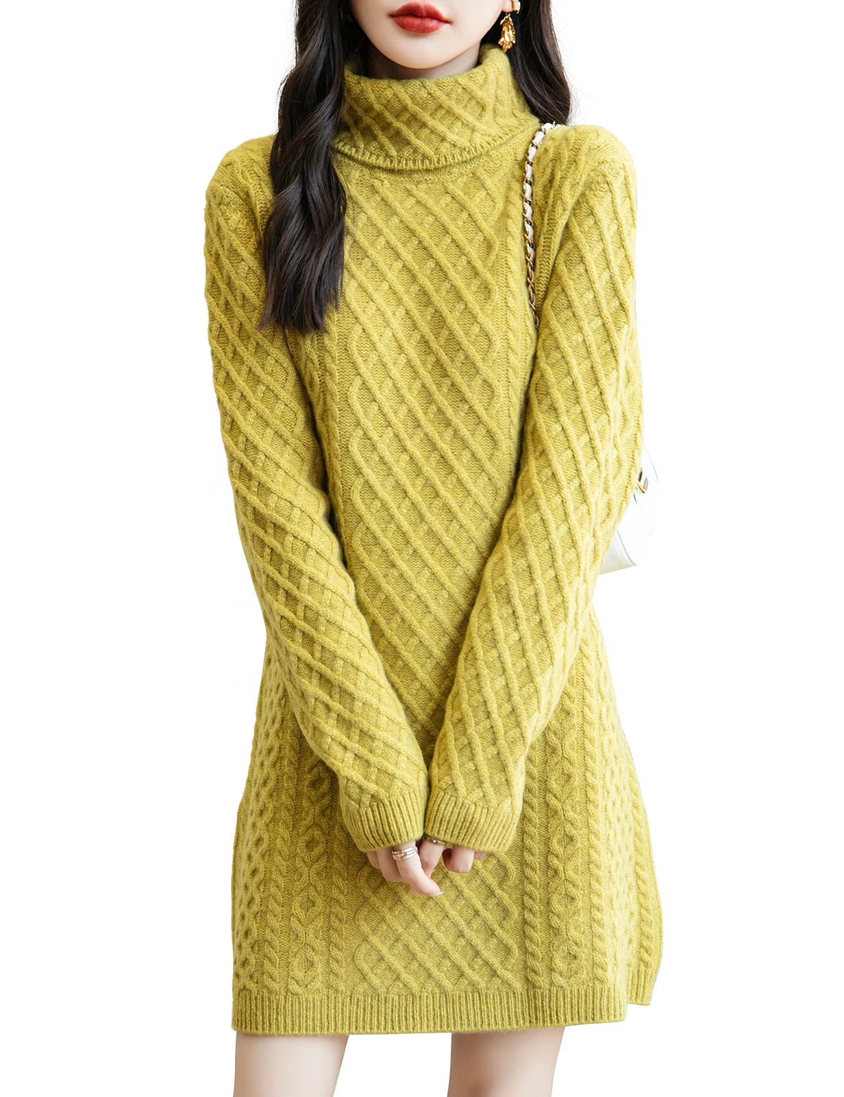 

Women's Turtleneck Sweater Dress 100% Merino Wool Dresses 2024 Fall Winter Vintage Long Sleeve Knit Long Sweater Female Clothing