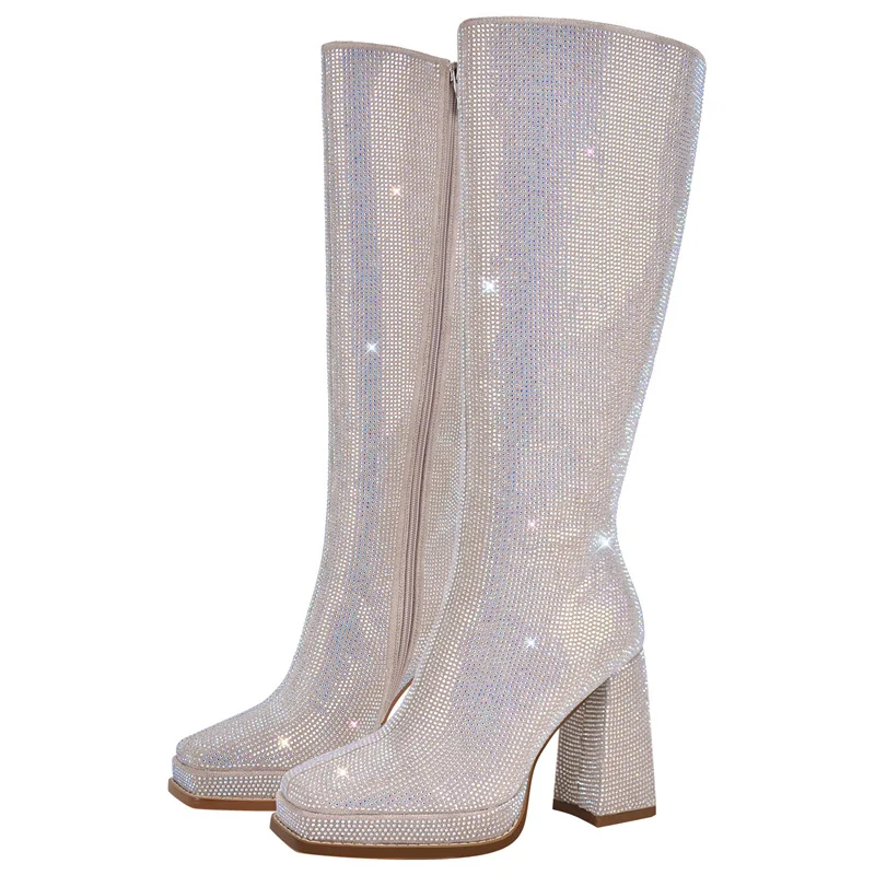 Onlymaker Women Sliver Rhinestone Knee High Boots Side Zipper Fashion Handmade Chuny Heel Boots