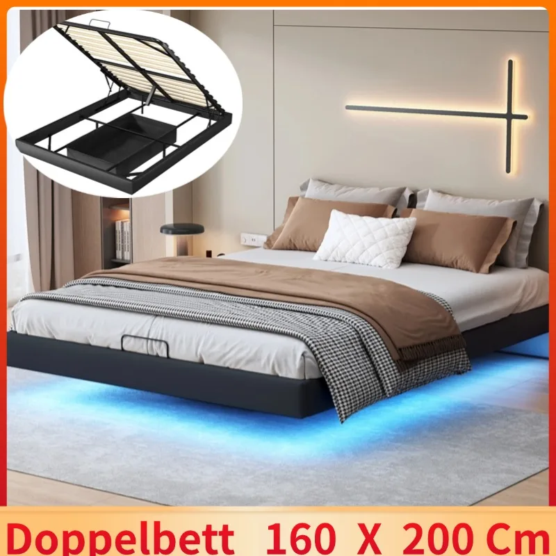 Letto contenitore 160x200 cm con illuminazione a LED, Letto matrimoniale, Letto adulto senza