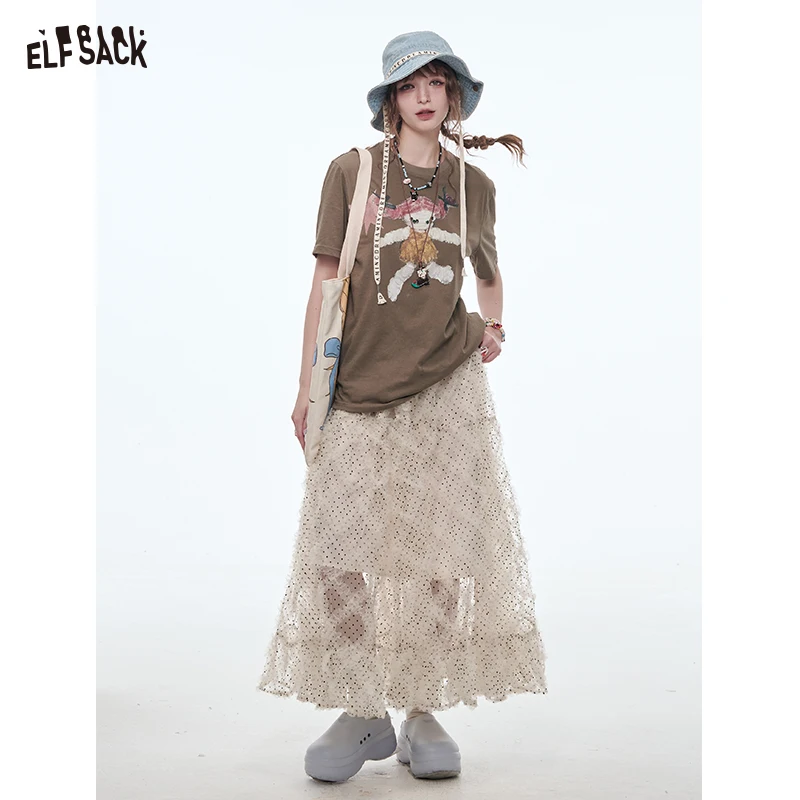 ELFSACK 2025 Spring New Arrivals Polkadot Mesh Skirt Women Sweet Lace Patchwork Frill Long Skirt