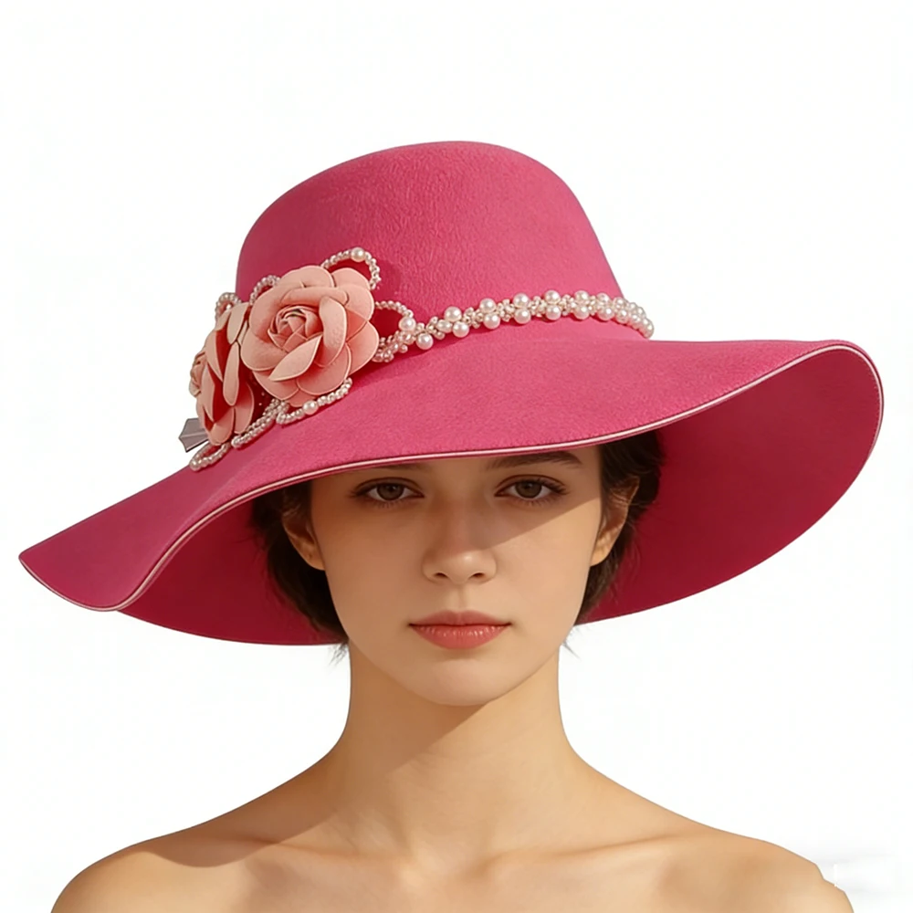

French wide-brimmed bowler hat elegant vintage wedding hat felt hat women's English pearl flower party hat여성
