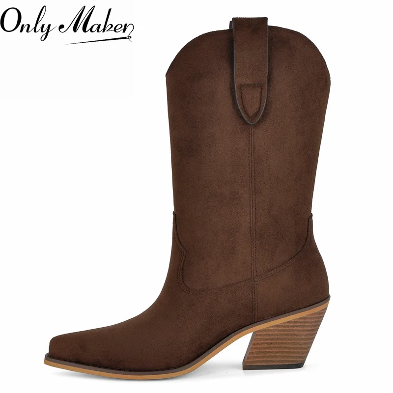 

Onlymaker Women Pointed Toe Chunky High Heel Western Cowgirl Boots Hollow Mid-Calf Boots Retro Light Pull On Boots