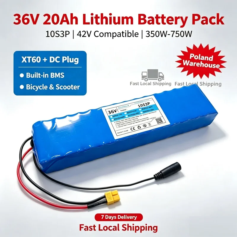 36V 20Ah 10S3P 18650 Lithium-Akkupack, 42V Kompatibel, 350W-750W, XT60+DC-Stecker, Integriertes BMS, Polen-Lager