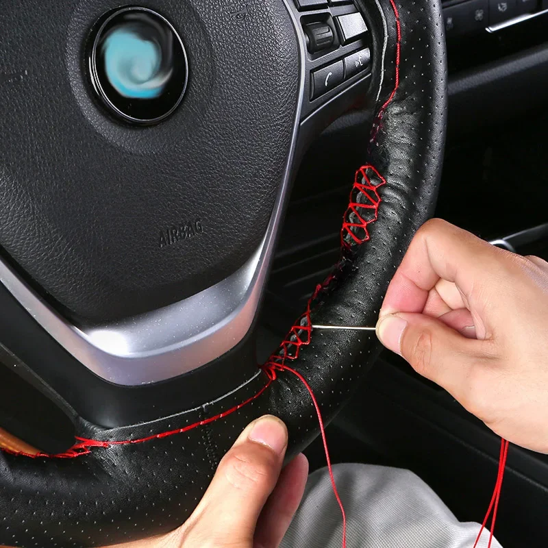 Szycie oplot czerwona nić splot okładka na kierownicy skórzane pokrowce na kierownice DIY szwy zestaw 35/36cm dla honda civic — zdjęcie 2