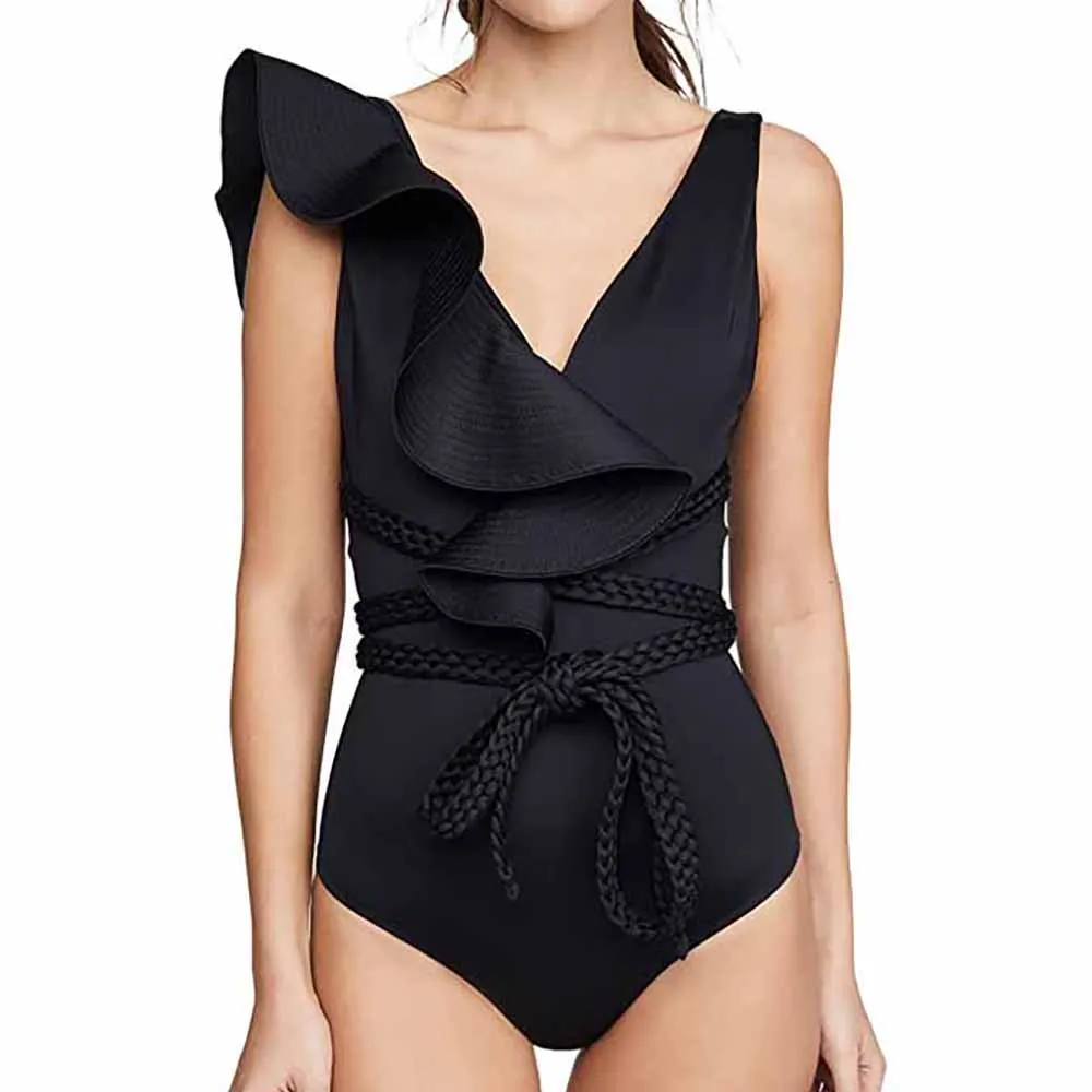 Fashion Ruffle Bikini One-piece Swimsuit Deep-v Beachwear Triangle Biquini Women Bathing Suit Summer Swimming Swimwear Backless