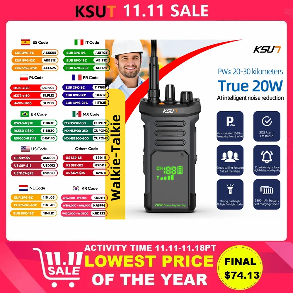 KSUT profesjonalne Radio Walkie Talkie 20Watt daleki zasięg potężna dwukierunkowa stacja radiowa przenośne urządzenie nadawczo-odbiorcze UHF