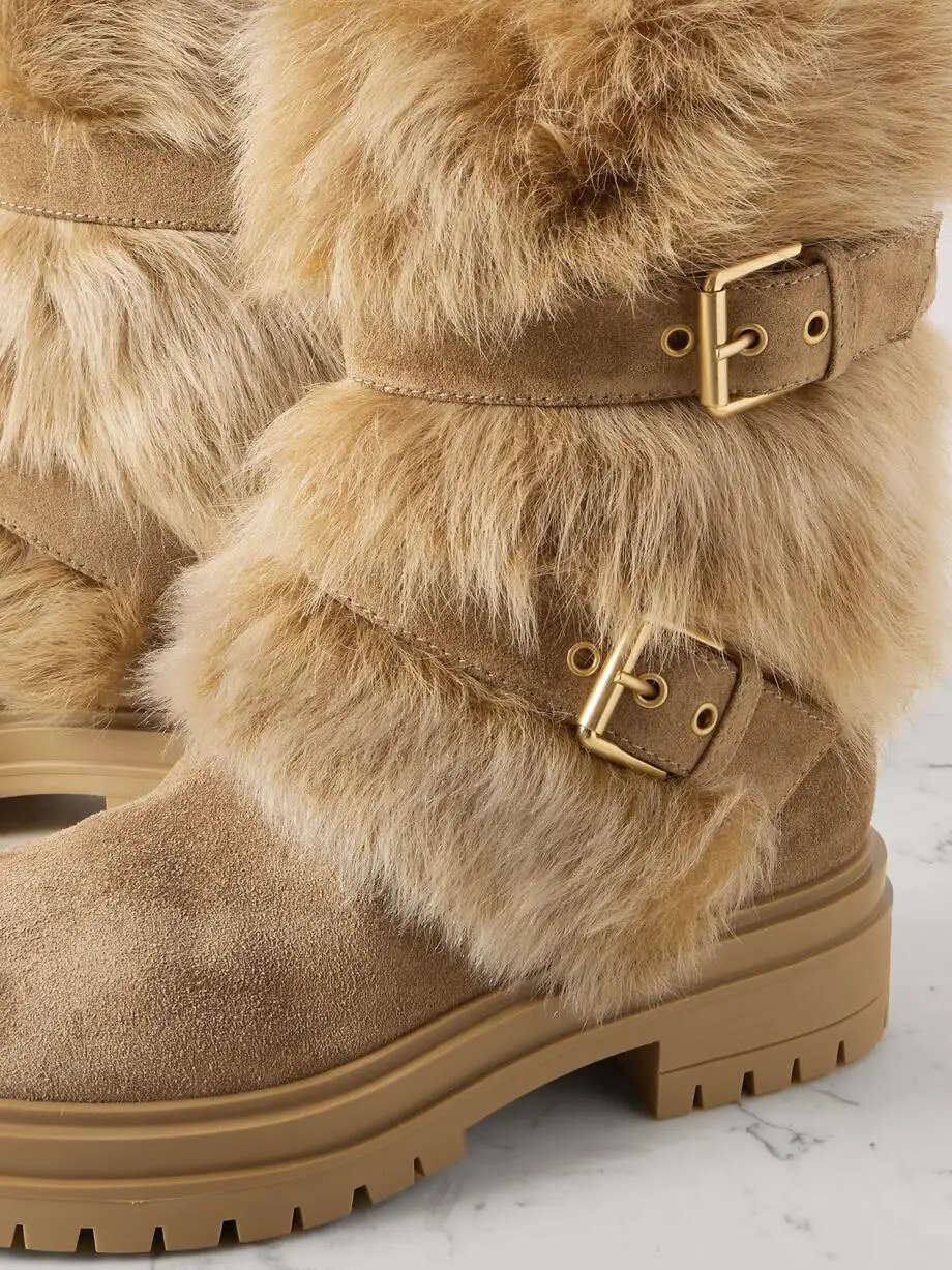 Camel Suede Fur Snow Boots Women's Flat 2024 Winter New in Round Toe Buckled Warm Mid Calf Boot Luxury Designer Soft Shoes