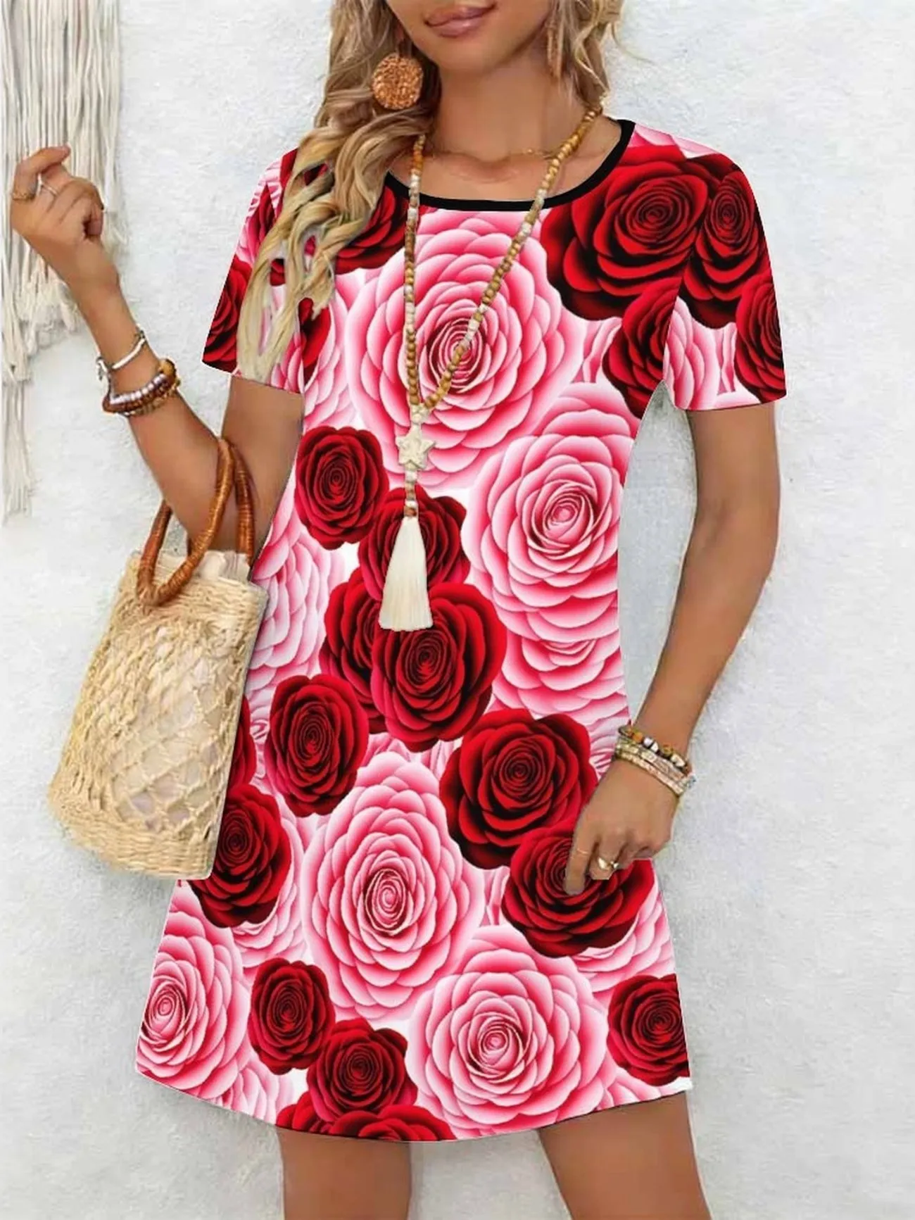 Ladies' Summer Short Sleeve round Neck Casual Dress 3D Red Rose Pattern Print Comfortable Elegant Women's Clothing