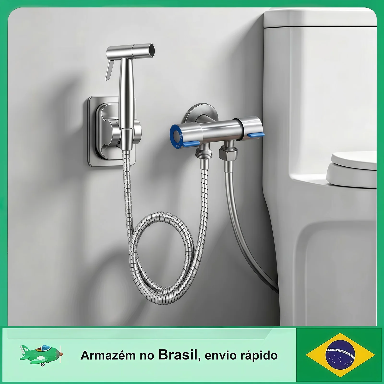 Shower Toilet Bidet with Double Valve, Stainless Steel/Plastic Nozzle, 1.2m Hose-Black and Silver