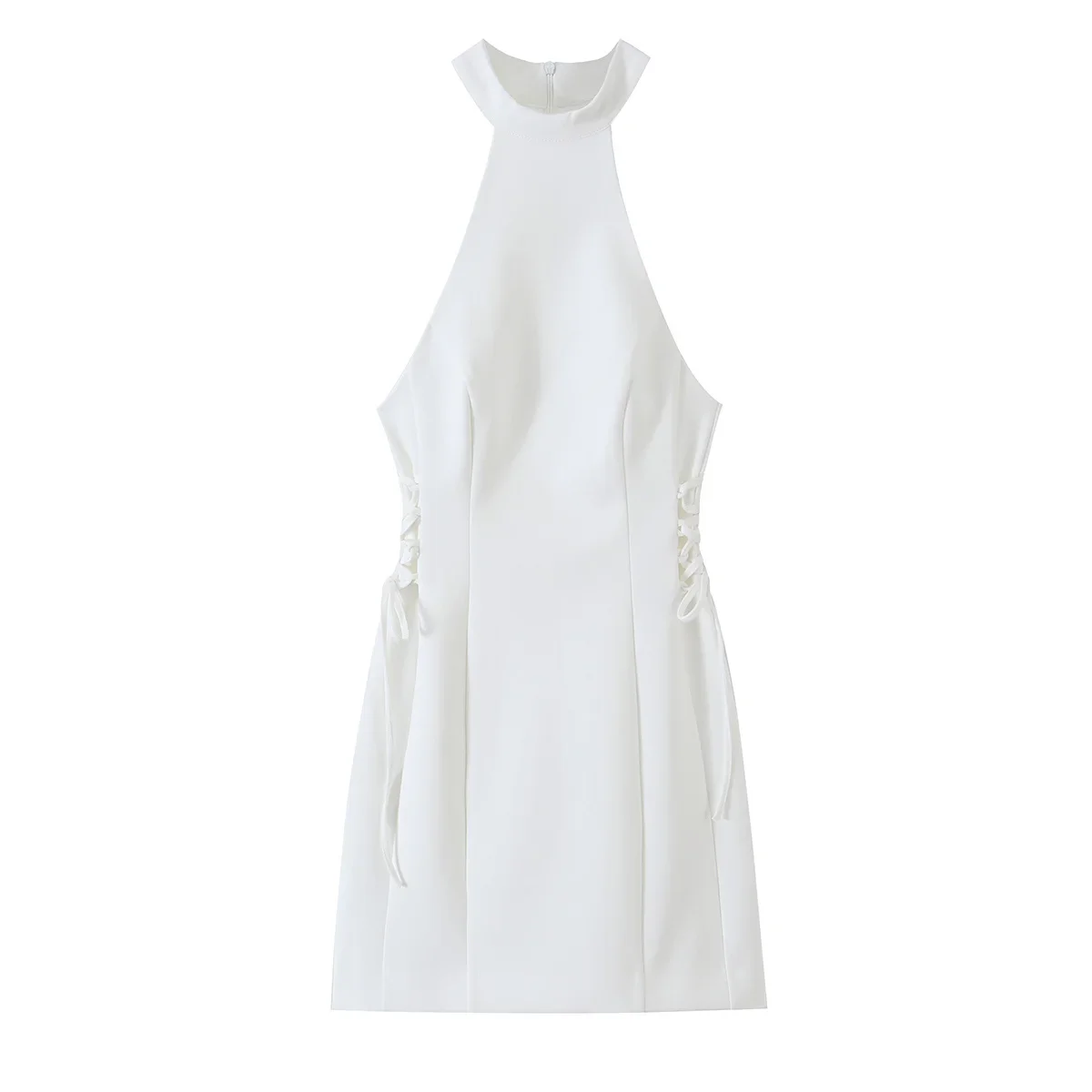 Women White High Neck Halter Mini Dress Side Drawstring Lace Up Backless Bodycon Short Dress Y2K Elegant Clubwear Outfits