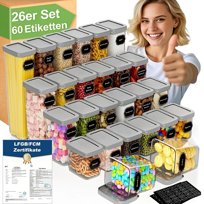 Bocal de Stockage avec Couvercle, Étanche, Lot de 52 (26 Couvercles + 26 Bocaux), Boîte de Stockage pour Farine, Sucre et Céréal