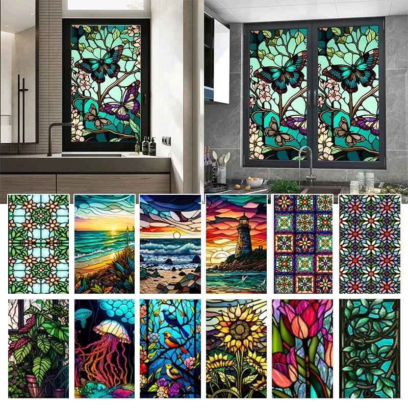 Kleurrijke Retro Bloem Vogel Glasfolie PVC Elektrostatische Glasstickers Gebrandschilderde Glasfolie Statische Cling Frosted Glass Film - afbeelding 2
