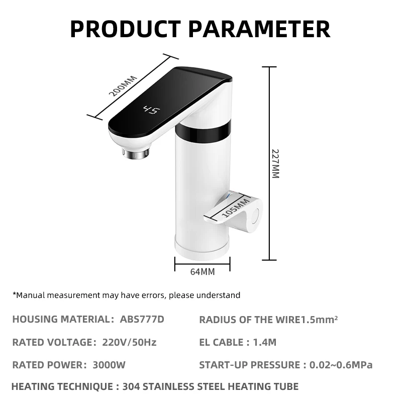 Fudeer 인스턴트 전기 온수기 수도꼭지, 세면대 주방용, 탱크리스 온수 수도꼭지, 온수 및 냉수 수도꼭지, 220V, 3000W
