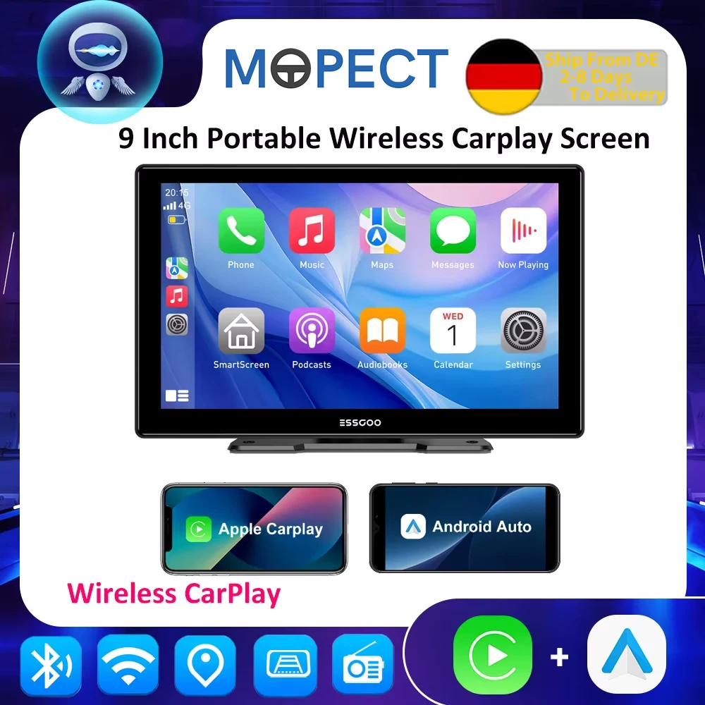 9 Zoll Tragbarer Kabelloser Carplay-Bildschirm HD-Rückfahrkamera Autoradio MP5 Multimedia-Videoplayer Android Auto