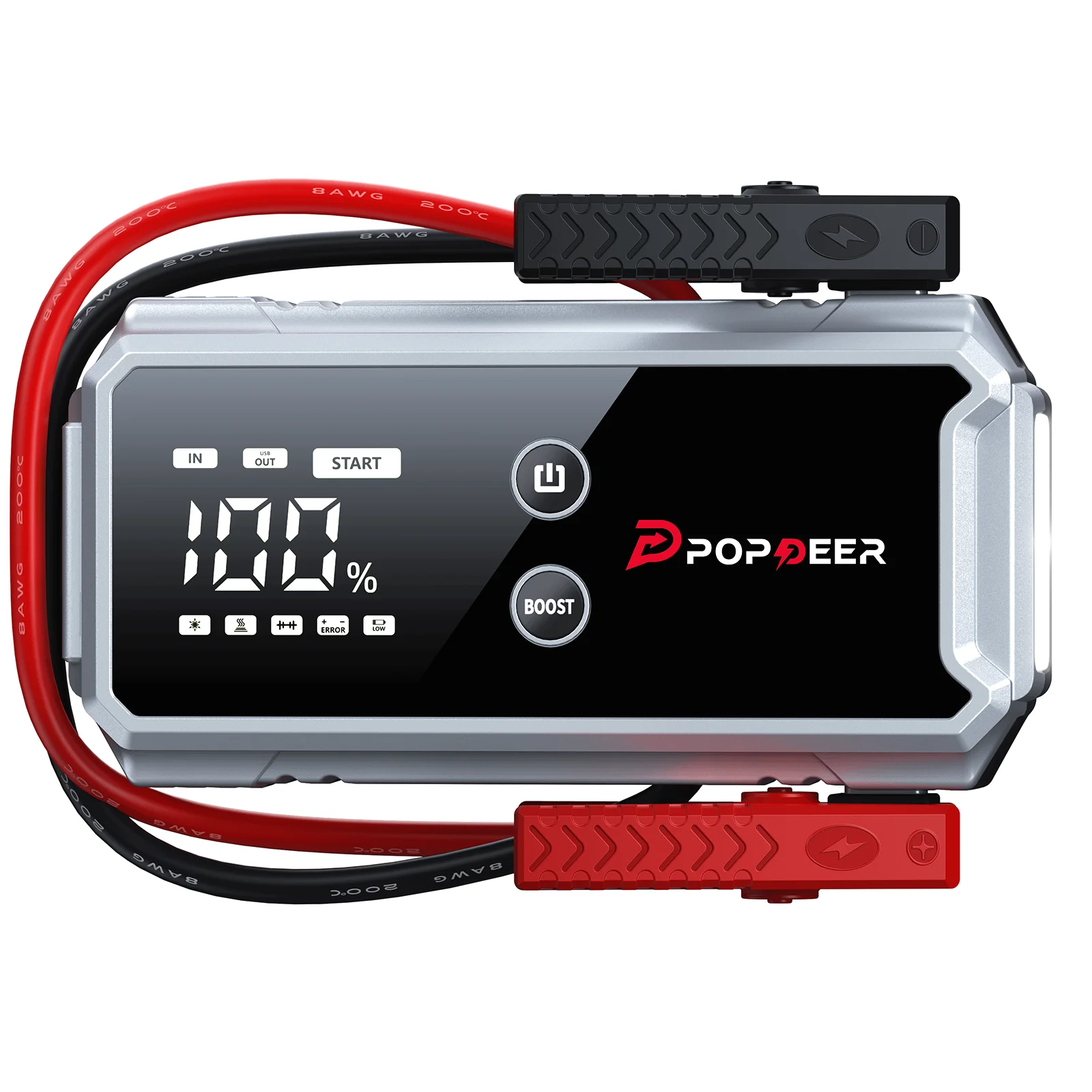 POPDEER PD-ONE 4000A All-in-One Starthilfegerät mit integrierten Smart-Klemmen, unterstützt bis zu 8L Benzin & 6L Diesel, Powerbank, LCD-Display & LED-Taschenlampe