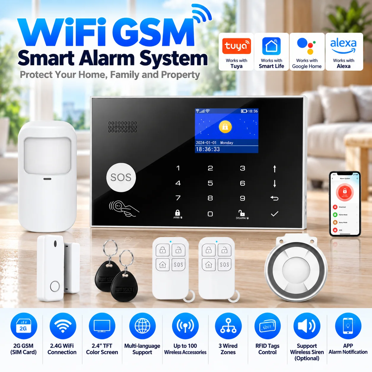 Home Zone Security App - WLAN-GSM-Alarmsystem Drahtloses Haus-Einbruchsschutzsystem Tuya APP-Steuerung Sirene