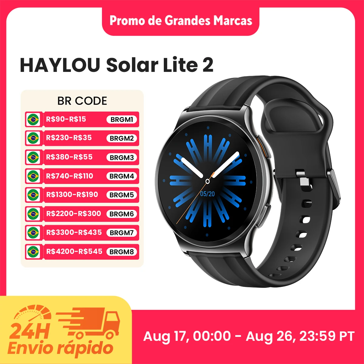 Smartwatch HAYLOU Solar Lite 2 com Tela AMOLED de 1.43'', Monitoramento de Saúde 24h, 150+ Modos Esportivos, Chamadas de Voz, Smart Watch 1ATM