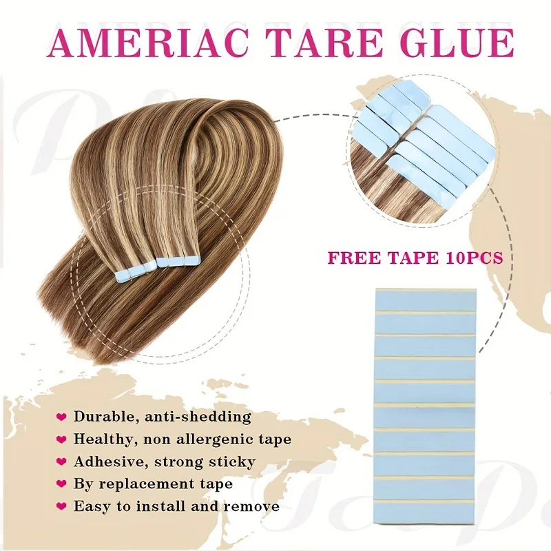 Alimice #P4/27 Tape in Hair Extensions Balayage Straight Human Hair Ombre Chocolate Brown to Caramel Blonde Hair 20pcs 50g