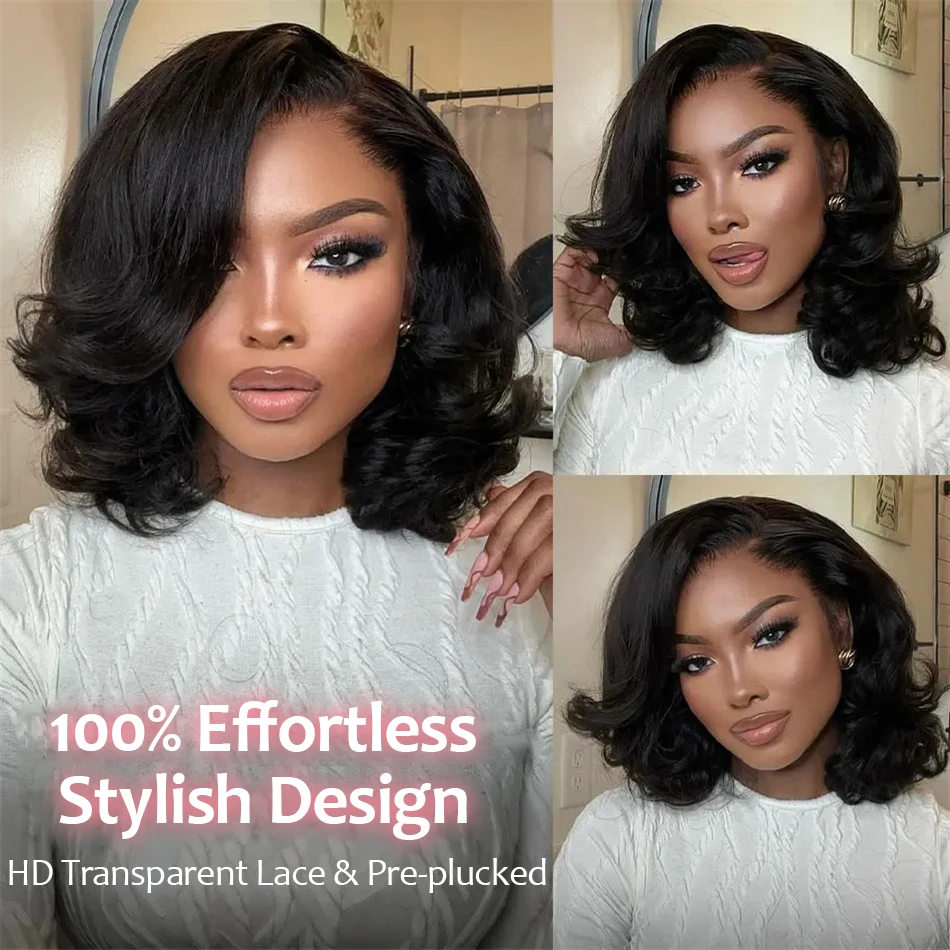Body Wave 13x4 HD Lace Front Wigs Human Hair 200% Density Bob Wig Human Hair Pre Plucked Short Bob Wigs For Black Women 4x4 Lace Closure Frontal Wig Human Hair Natural Black Loose Wavy 14 Inch Bob Wigs view 7