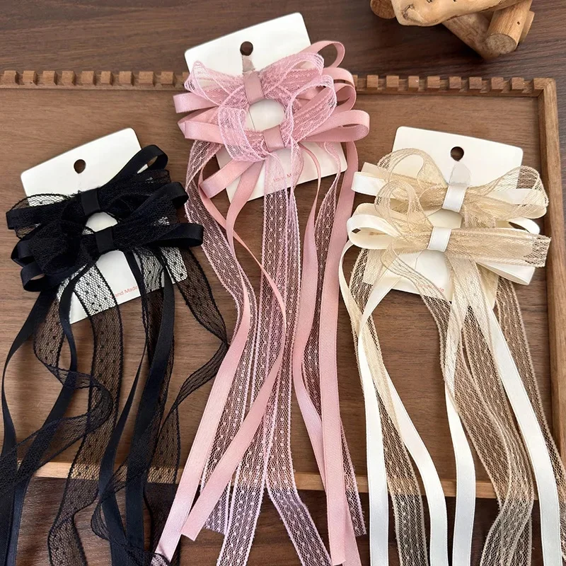 Koreańska koronkowa kokardka spinka do włosów moda długa wstążka spinki do włosów Barrettes opaska dla kobiet dziewczynki słodkie akcesoria do włosów biżuteria ślubna — zdjęcie 2