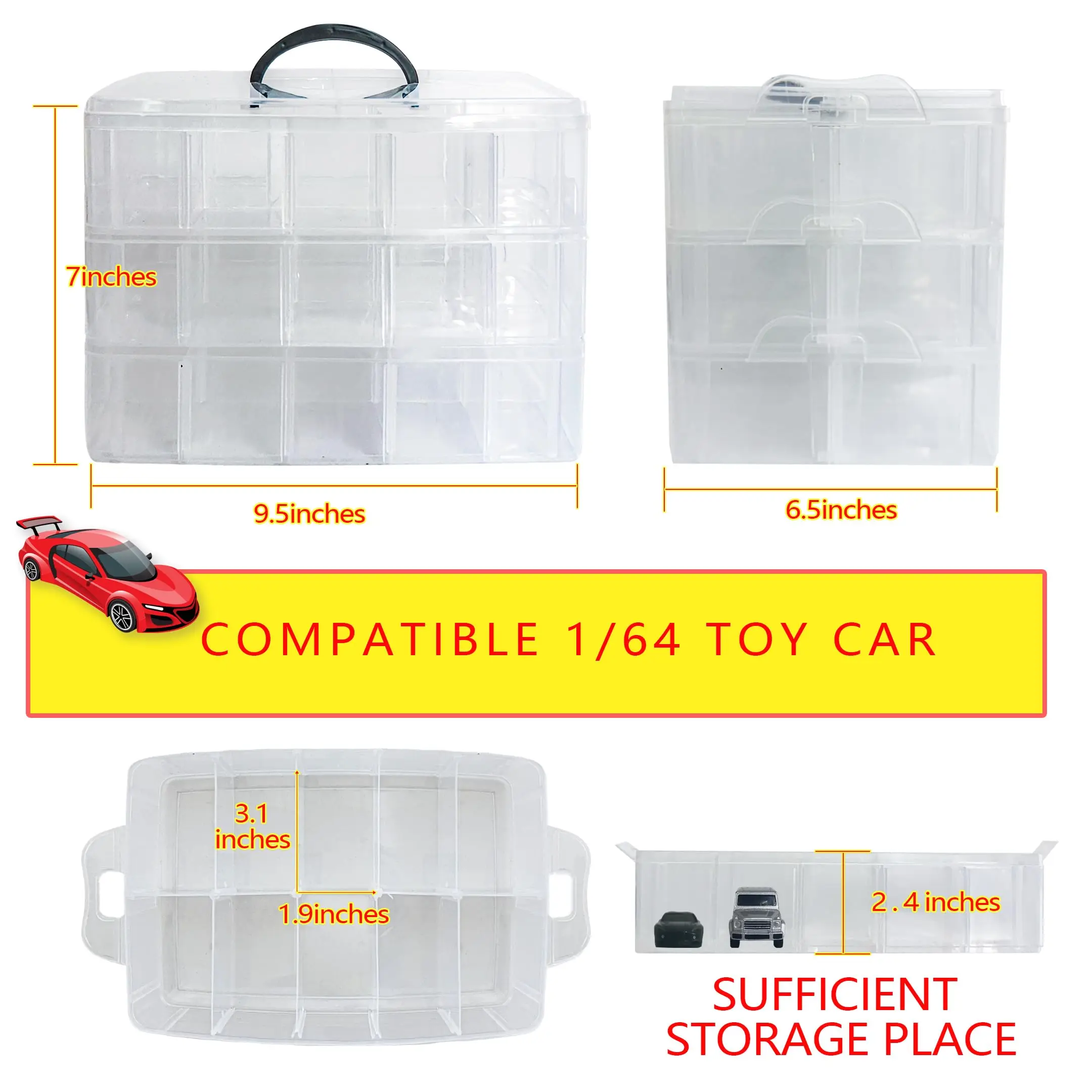 3-Tier Stackable Car Model Organizers and Clear Storage Box with 30 Compartments for Bead,Toys,Dolls,Arts and Craft,Washi Tape