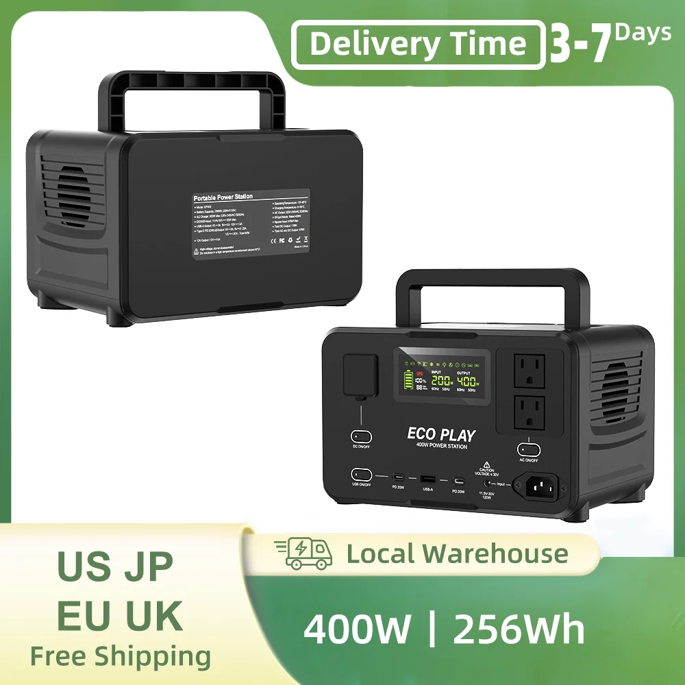 محطة طاقة ECOPLAY بقدرة 400 وات/256 وات في الساعة LiFePO4، مولد طاقة شمسية مع منفذين تيار متردد (ذروة 800 وات) طاقة طوارئ ذات سعة كبيرة