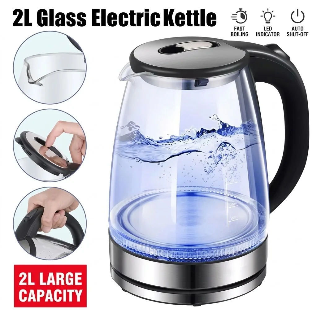 1.7L Electric Glass Kettle – Fast Boiling with LED Light, Stainless Steel Base, Cordless Design, Auto Shut-Off & Boil-Dry Protection