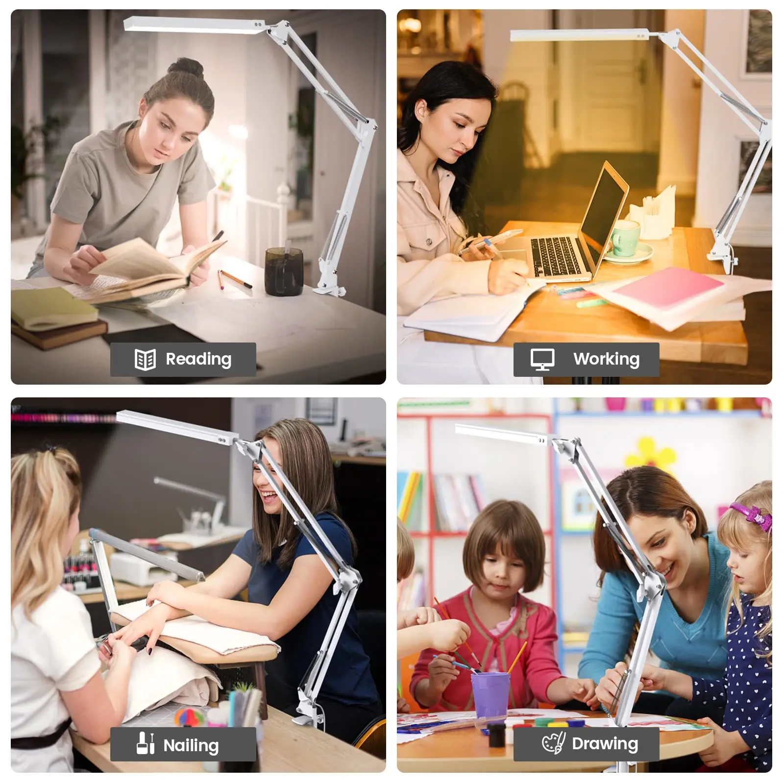 LED Desk Lamp Long Arm Foldable Clamp Adjustable Eye Caring Light with 3 Color Modes Dimmable for Reading Study and Office Work