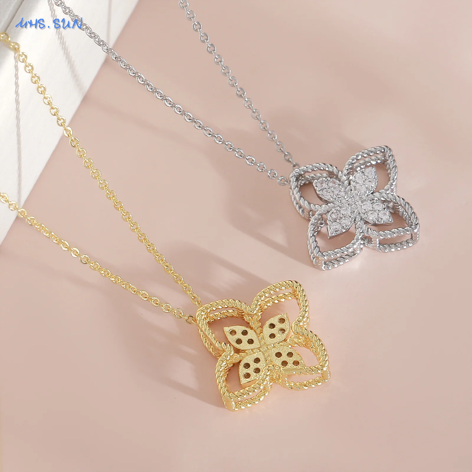 SUNSLL مكعب زركونيا أربع أوراق البتلة قلادة القلائد للنساء الفتيات مطلية بالذهب زهرة المختنق سلسلة مجوهرات هدايا 1 قطعة #5