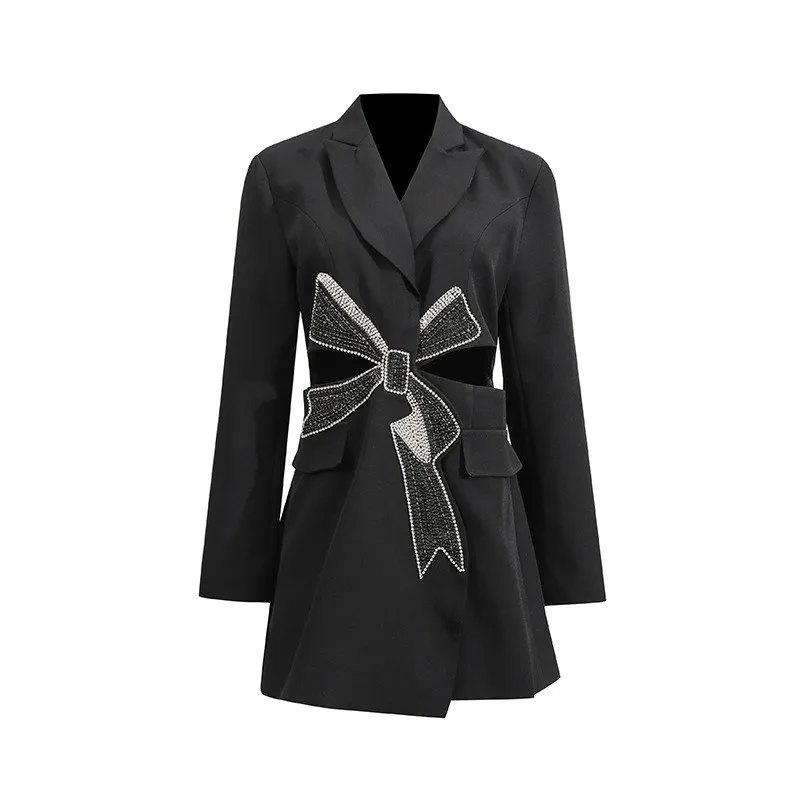 Patchwork Bow Coat Mid Length Elegant Professional with Notched Lapel Concealed Button Closure Regular Fit Women Autumn Coat