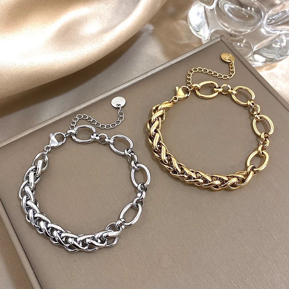 

Punk Adjustable Waterproof Stainless Steel Wide Bracelet for Women Gold Color Hollow Out Chunky Chain Bracelet Bangles Jewelry