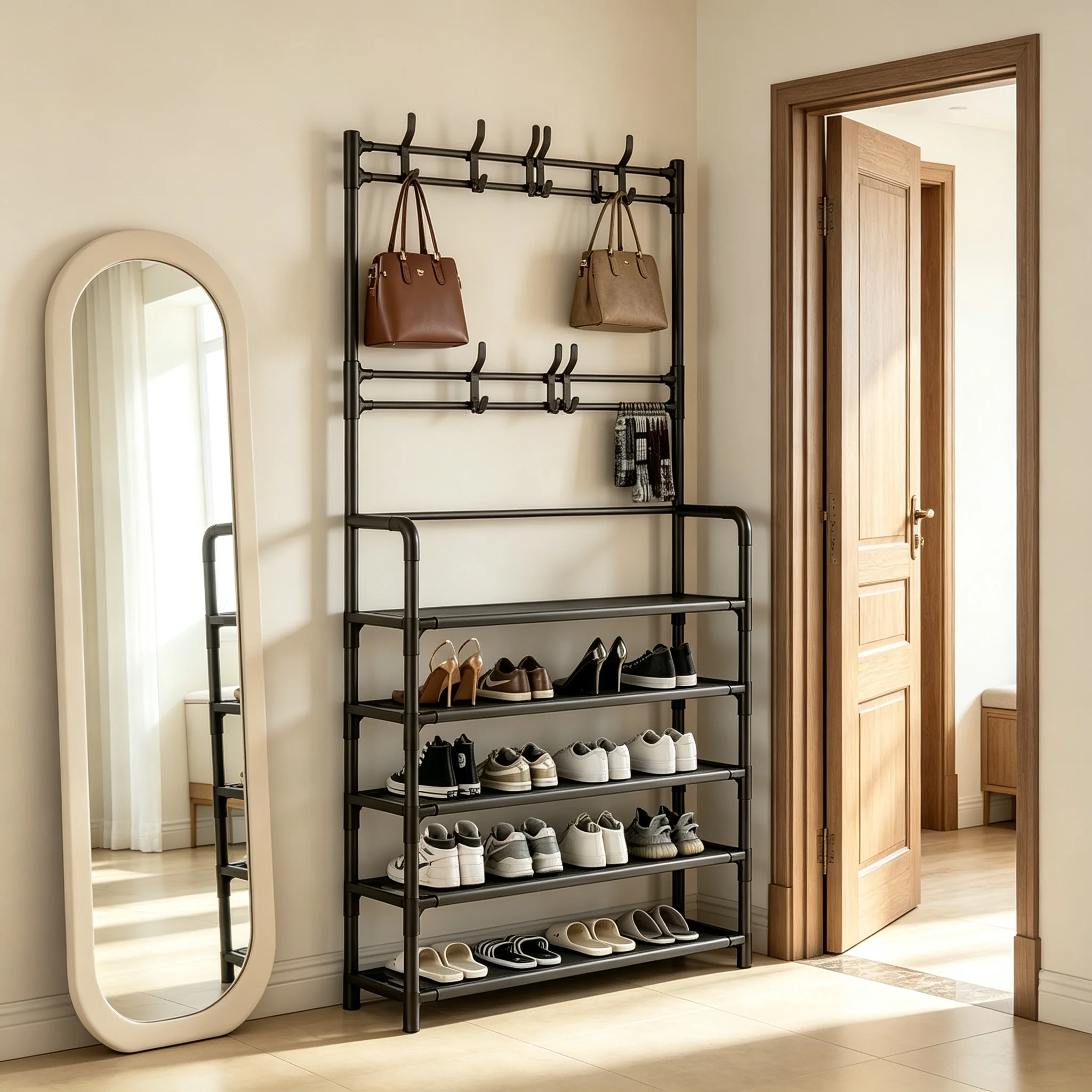 Coat Rack & Shoe Bench Combo, Freestanding Entryway Hall Tree with 8 Hooks, Minimalist Black Clothes Stand for Home Office, Sturdy Carbon Steel, Waterproof Non-Scratch