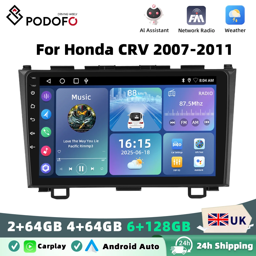 Podofo Android Car Radio For Honda CRV 2007-2011 Android Auto Multimedia Player GPS Navigation RDS BT Head Unit