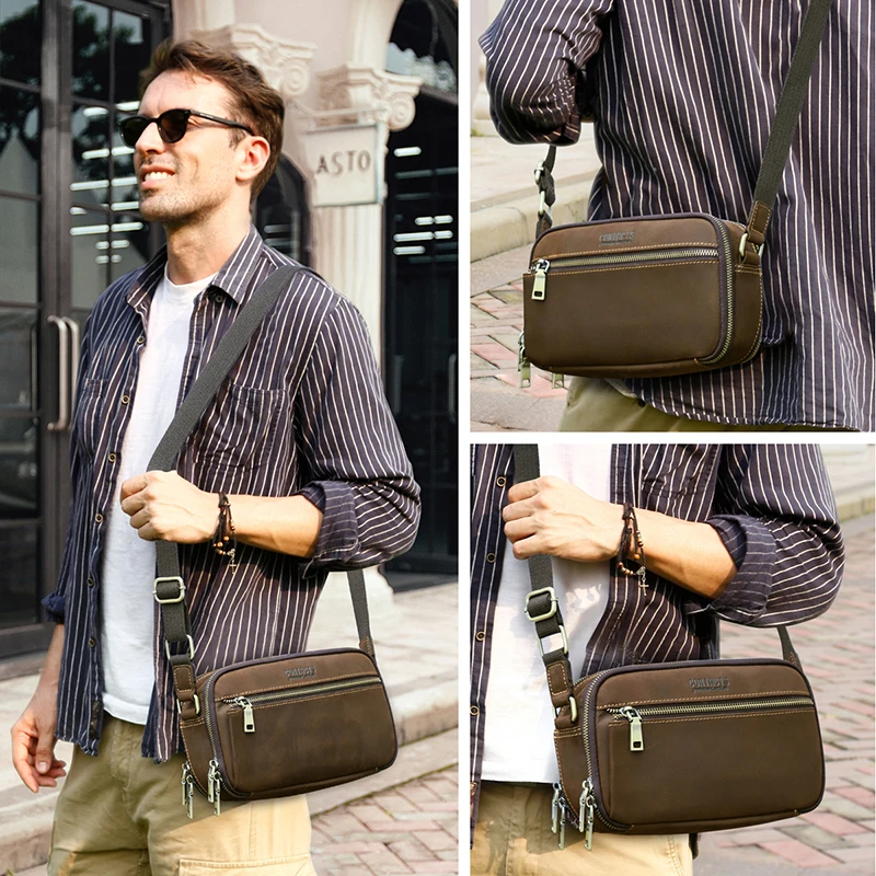 Bolsa Mensageiro Pequena para Homens, Couro Genuíno, Sacos Crossbody Vintage, Correia de Viagem, Bolsas de Ombro, Bolsa Masculina, Luxo