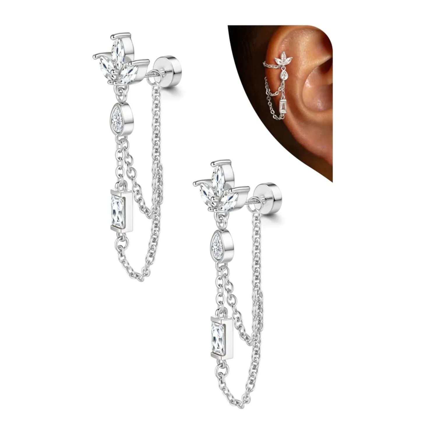 FASACCO Hypoallergenic Cartilage Earrings for Women Flat Back Stud 925 Silver Post 20G Ear Crawler Tragus Helix Piercing Jewelry