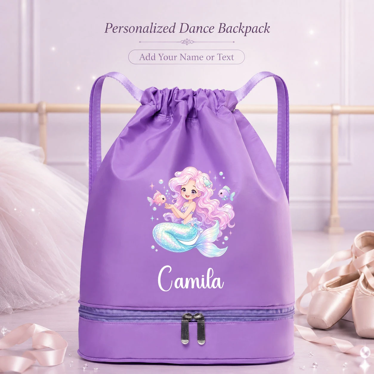 Custom Name Ocean Mermaid Drawstring Bag with Shoe Compartment, Dance Storage for Ballet Class, School, Swim Lessons and Fitness view 4