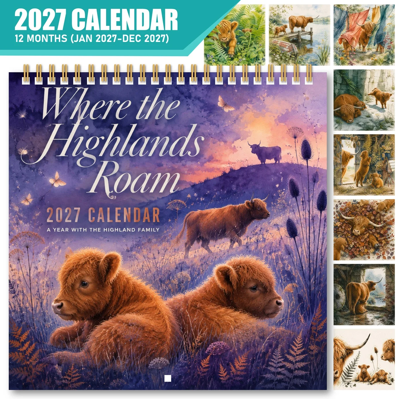 2027 Wall Calendar Cow Family Twelve Months Together Monthly Planner Hanging Chart for Home Office Living Room Farmhouse Decor with Adorable Highland Cow Artwork and Functional Grids for Daily Use