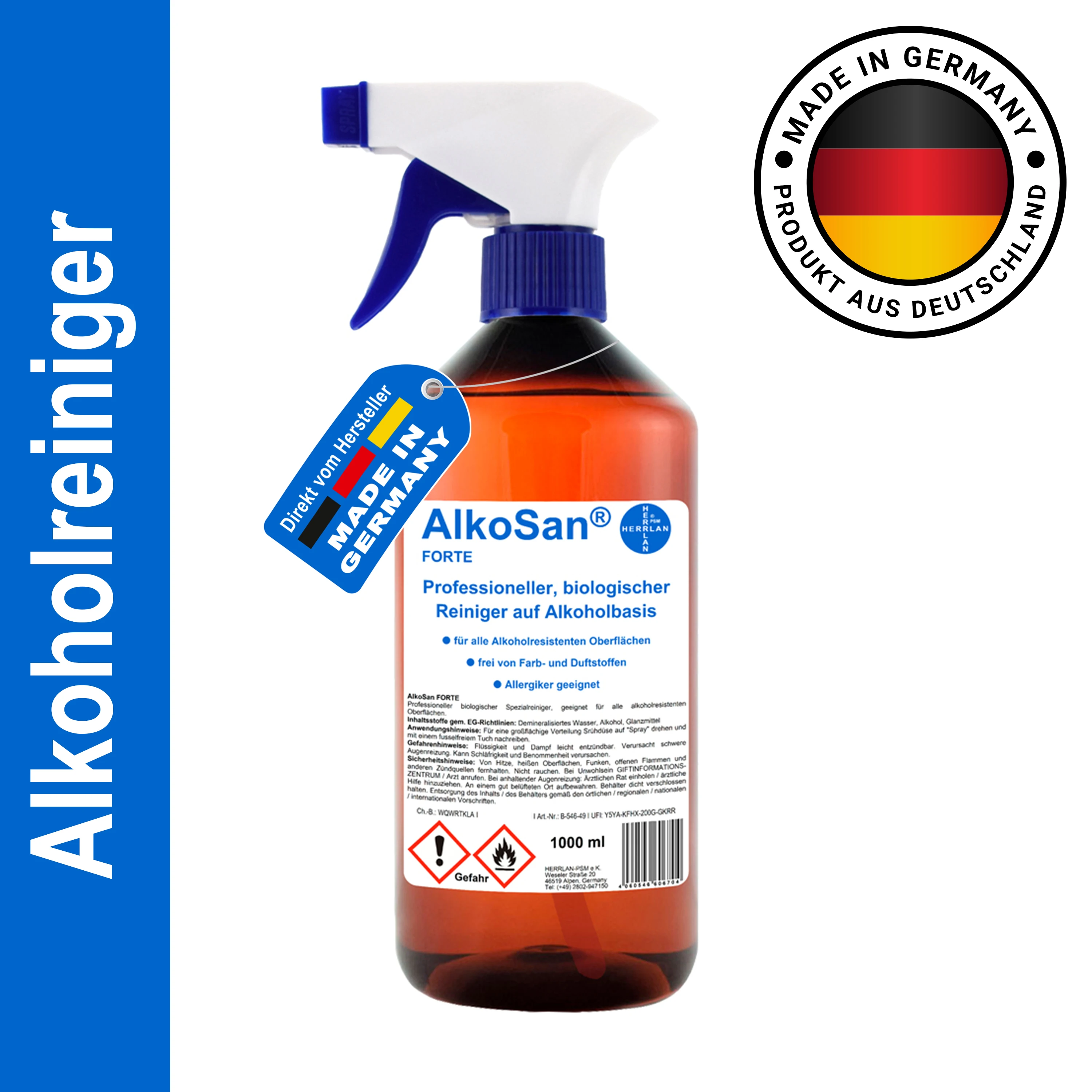 HERRLAN ® Alcoholreiniger AlkoSanFORTE Speciale reiniger I 1000ml Spuitfles I Professionele reiniger op alcoholbasis